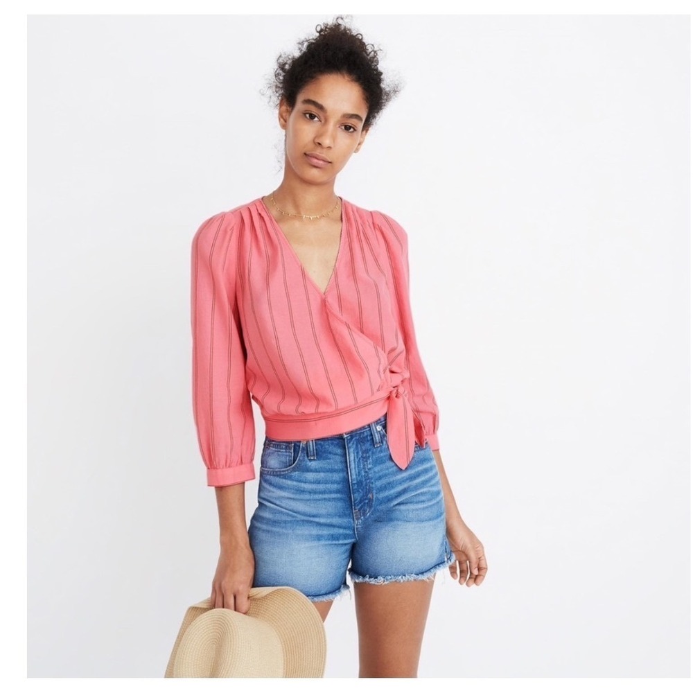 Madewell Pink Striped Cotton Wrap Top Side Tie V-Neck 3/4 Sleeve Small